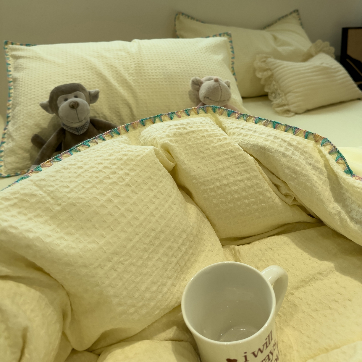 91家纺网 家纺一手货源 找家纺 雅居纺家纺 2026新款全棉贝壳边华夫格四件套 贝壳边米黄