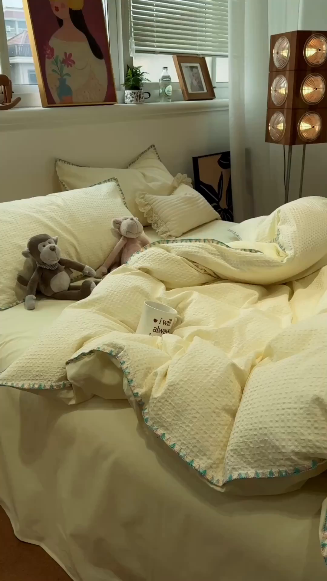 91家纺网 家纺一手货源 找家纺 雅居纺家纺 2026新款全棉贝壳边华夫格四件套 贝壳边米黄