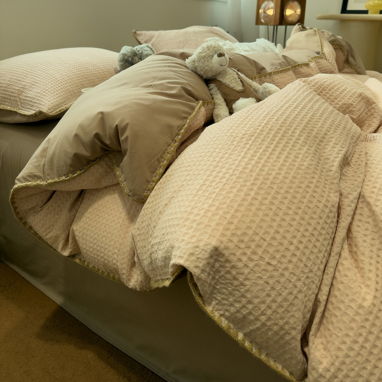 雅居纺家纺 2026新款全棉贝壳边华夫格四件套 贝壳边米驼