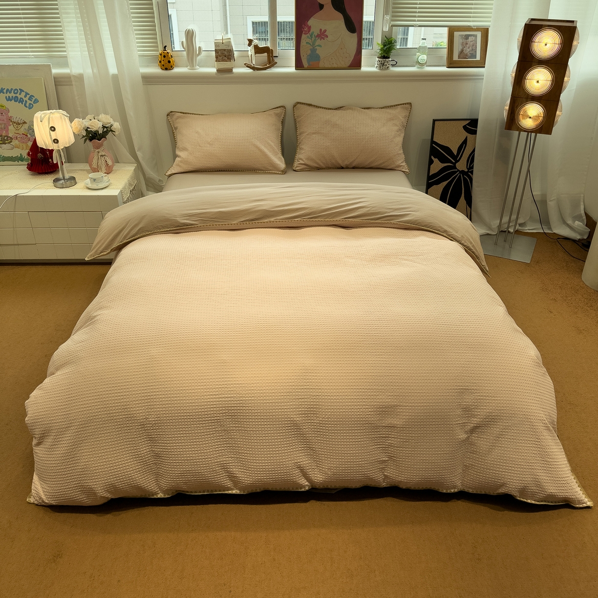 91家纺网 家纺一手货源 找家纺 雅居纺家纺 2026新款全棉贝壳边华夫格四件套 贝壳边米驼