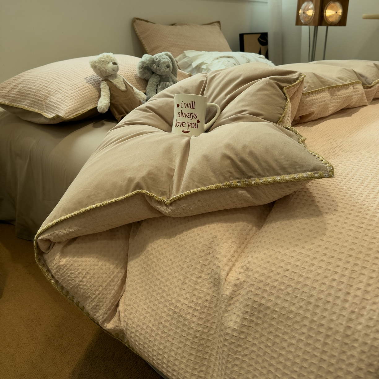 91家纺网 家纺一手货源 找家纺 雅居纺家纺 2026新款全棉贝壳边华夫格四件套 贝壳边米驼