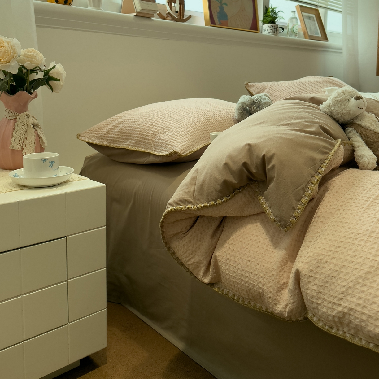 91家纺网 家纺一手货源 找家纺 雅居纺家纺 2026新款全棉贝壳边华夫格四件套 贝壳边米驼