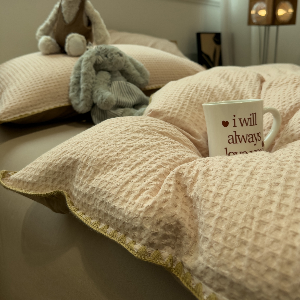 91家纺网 家纺一手货源 找家纺 雅居纺家纺 2026新款全棉贝壳边华夫格四件套 贝壳边米驼