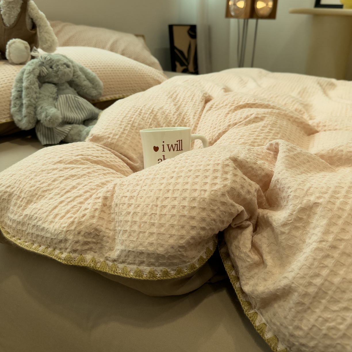 91家纺网 家纺一手货源 找家纺 雅居纺家纺 2026新款全棉贝壳边华夫格四件套 贝壳边米驼