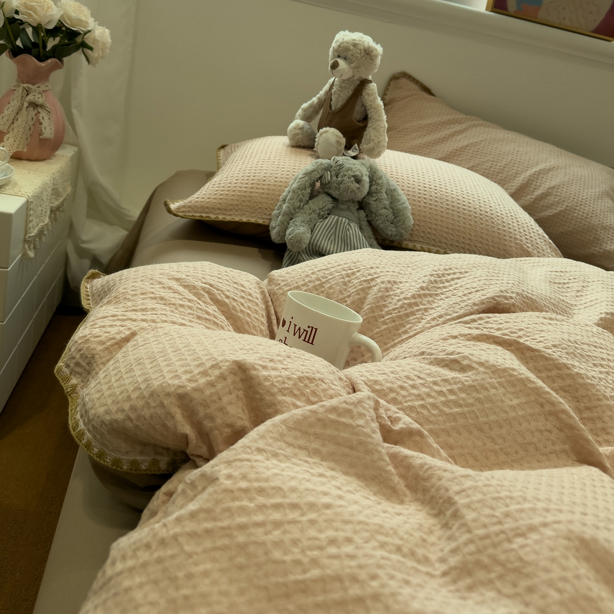 91家纺网 家纺一手货源 找家纺 雅居纺家纺 2026新款全棉贝壳边华夫格四件套 贝壳边米驼