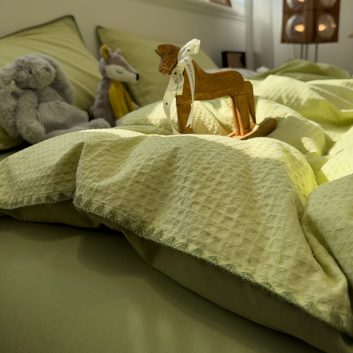 91家纺网 家纺一手货源 找家纺 雅居纺家纺 2026新款全棉贝壳边华夫格四件套 贝壳边浅绿