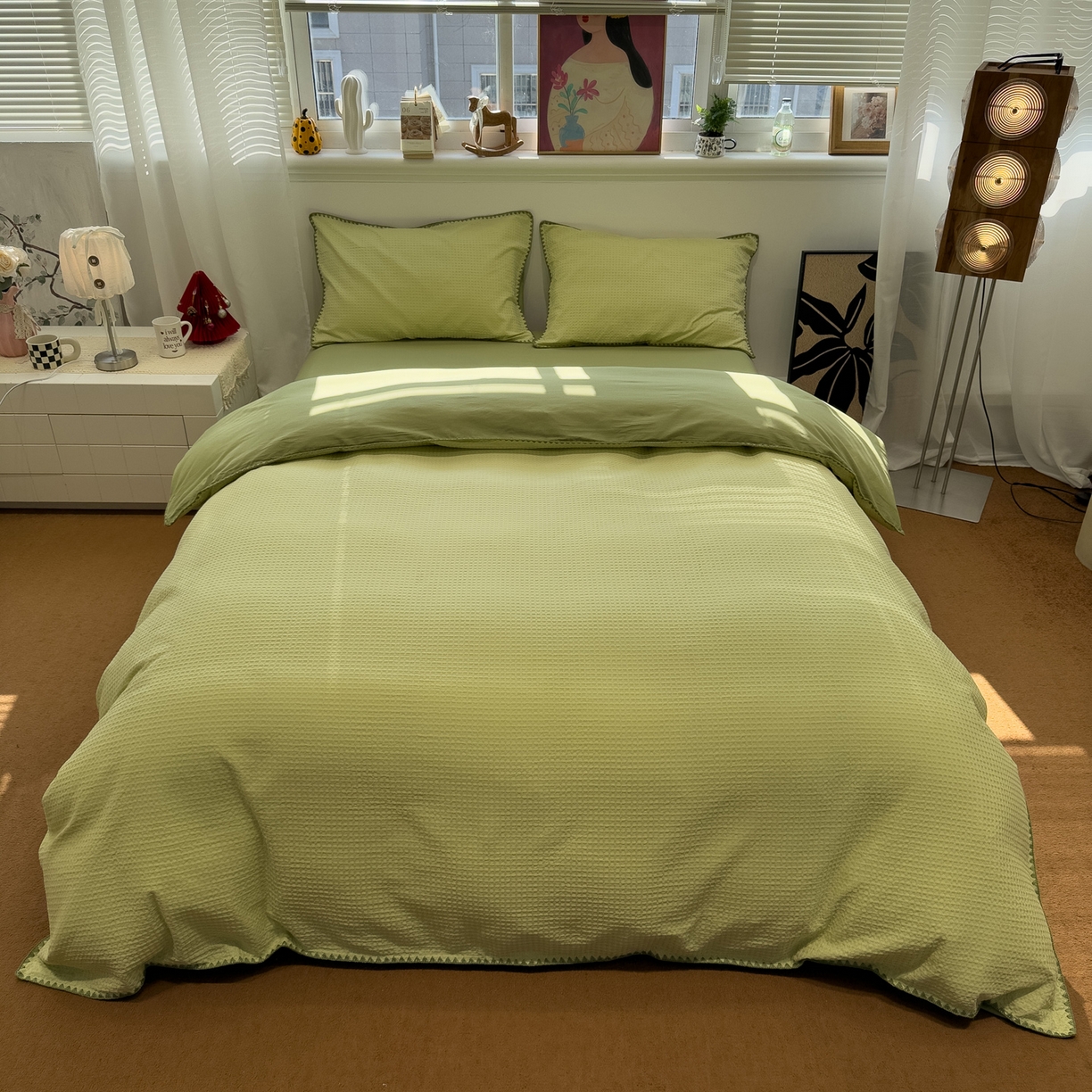 91家纺网 家纺一手货源 找家纺 雅居纺家纺 2026新款全棉贝壳边华夫格四件套 贝壳边浅绿