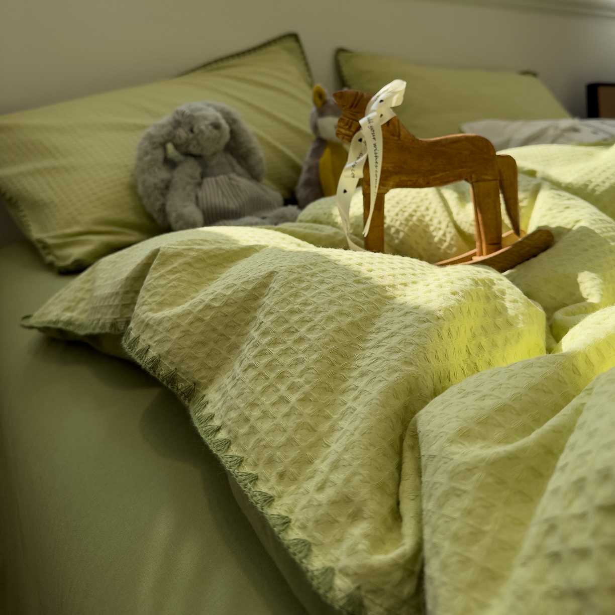 91家纺网 家纺一手货源 找家纺 雅居纺家纺 2026新款全棉贝壳边华夫格四件套 贝壳边浅绿