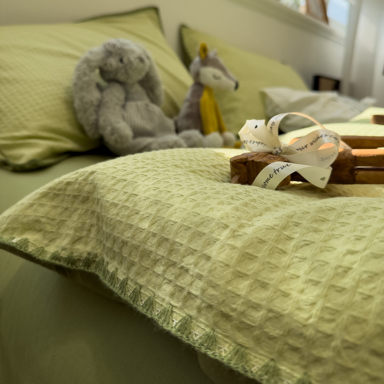 91家纺网 家纺一手货源 找家纺 雅居纺家纺 2026新款全棉贝壳边华夫格四件套 贝壳边浅绿