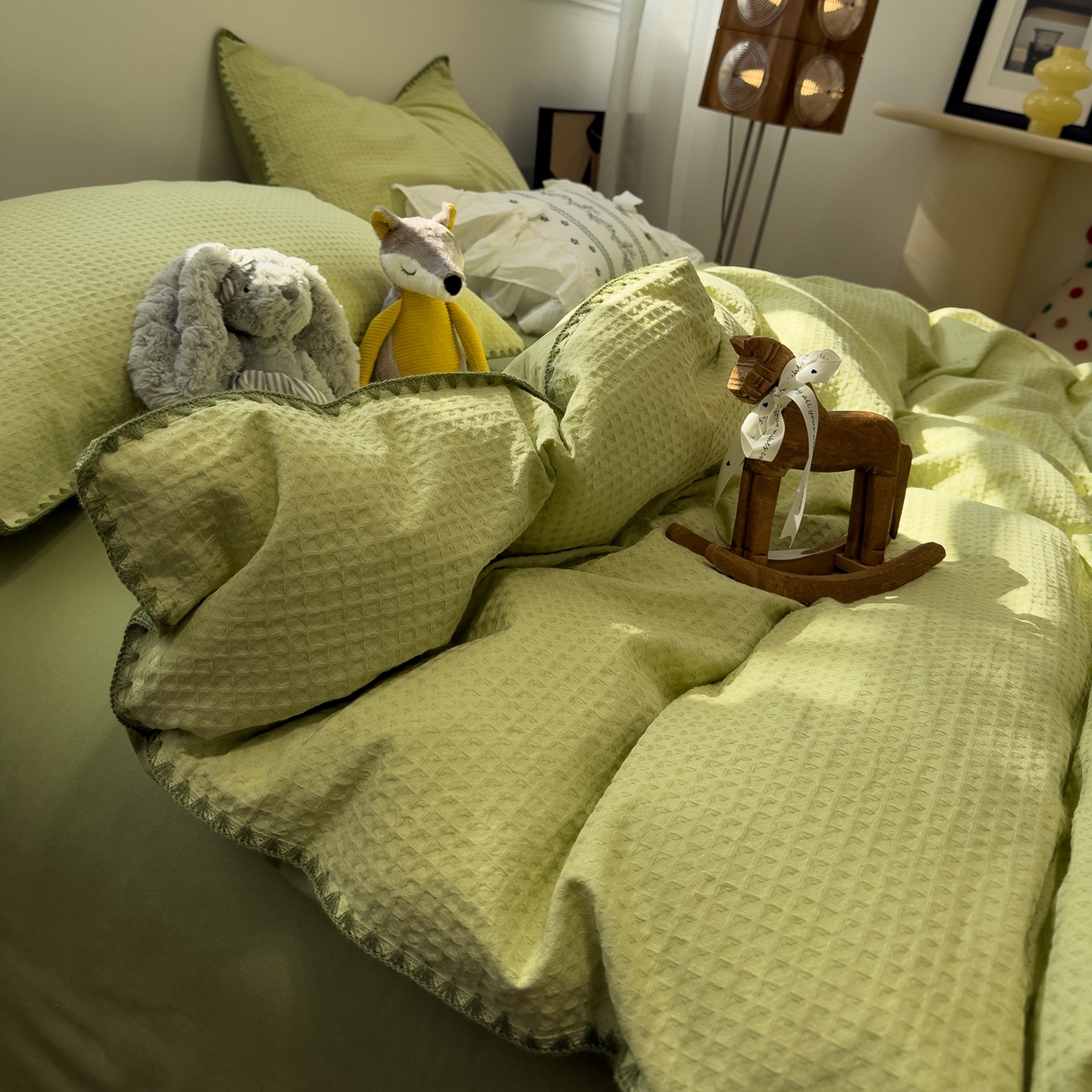 91家纺网 家纺一手货源 找家纺 雅居纺家纺 2026新款全棉贝壳边华夫格四件套 贝壳边浅绿