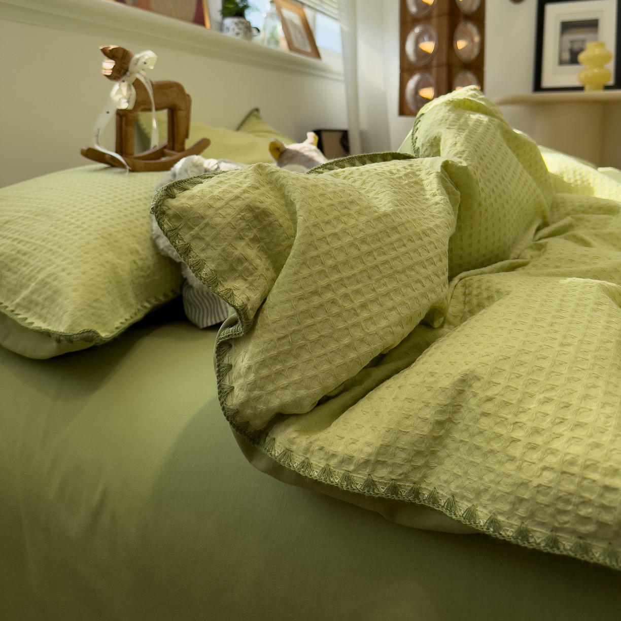 91家纺网 家纺一手货源 找家纺 雅居纺家纺 2026新款全棉贝壳边华夫格四件套 贝壳边浅绿