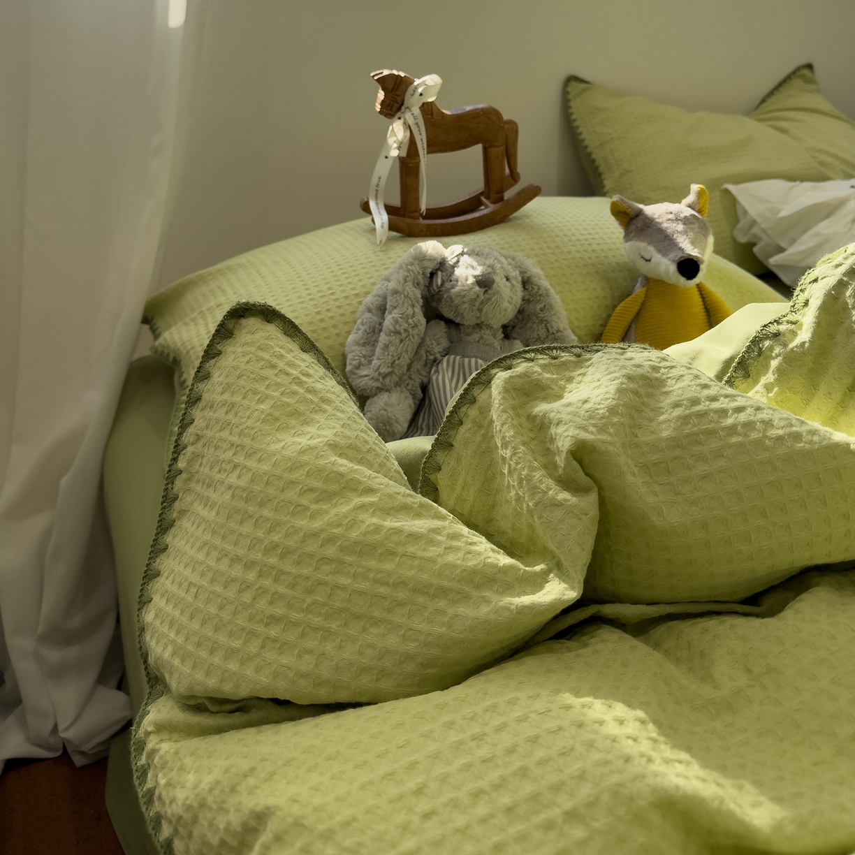 91家纺网 家纺一手货源 找家纺 雅居纺家纺 2026新款全棉贝壳边华夫格四件套 贝壳边浅绿