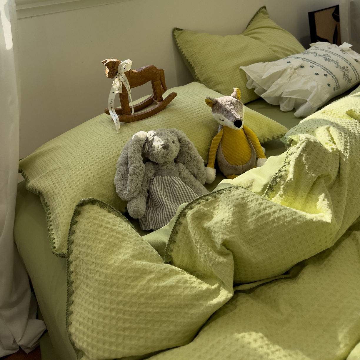 91家纺网 家纺一手货源 找家纺 雅居纺家纺 2026新款全棉贝壳边华夫格四件套 贝壳边浅绿