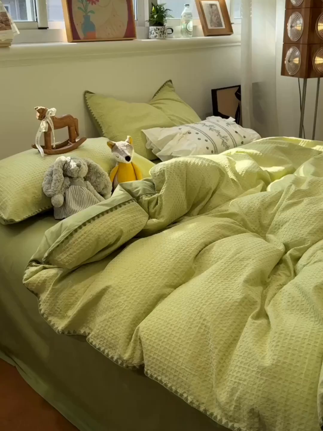 91家纺网 家纺一手货源 找家纺 雅居纺家纺 2026新款全棉贝壳边华夫格四件套 贝壳边浅绿