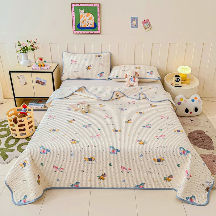 91家纺网 家纺一手货源 找家纺 2026新款13070单面全棉绗缝床盖三件套 彩虹木马