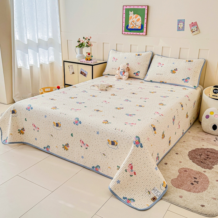 91家纺网 家纺一手货源 找家纺 2026新款13070单面全棉绗缝床盖三件套 彩虹木马