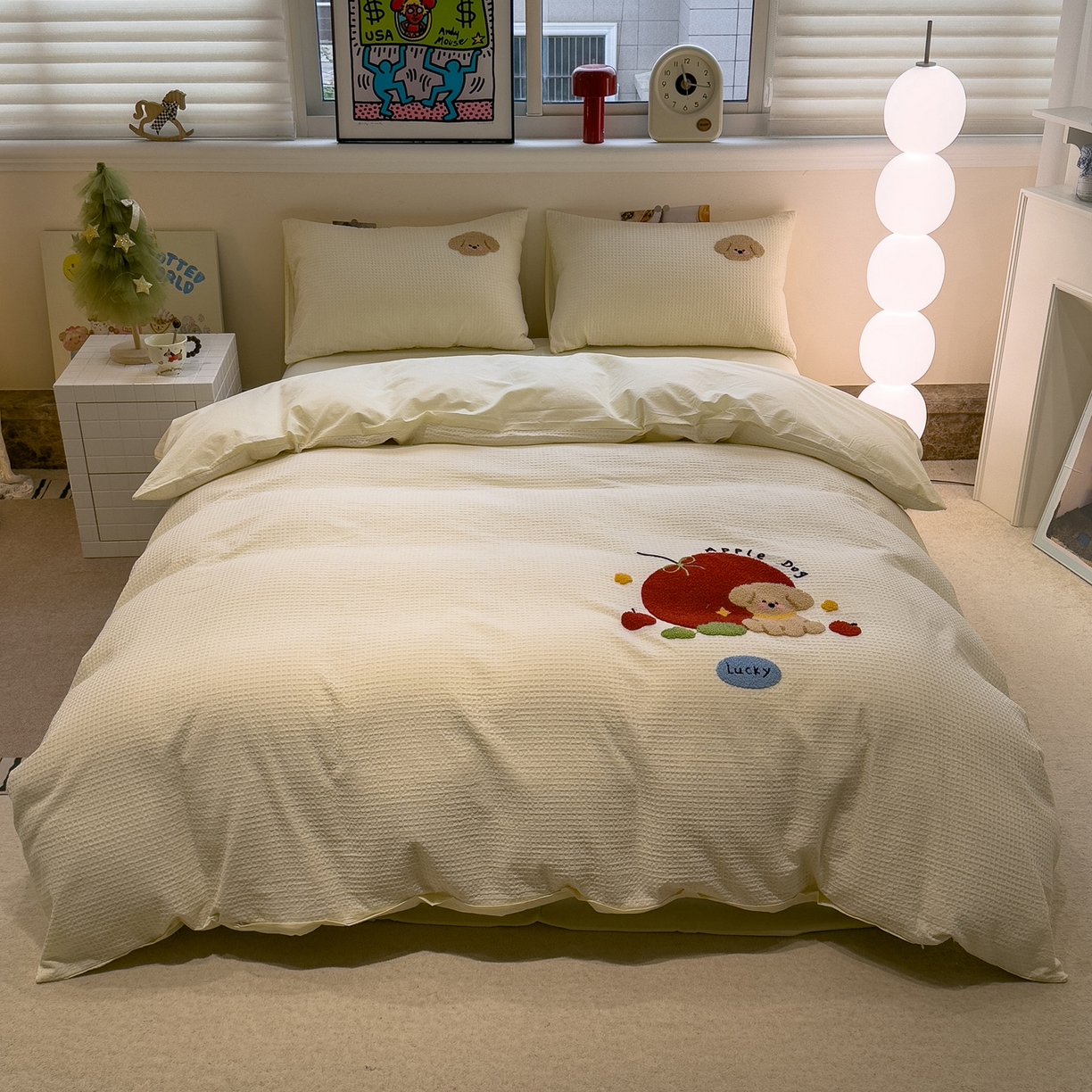 雅居纺家纺 2026新款全棉华夫格毛巾绣四件套 米黄苹安狗