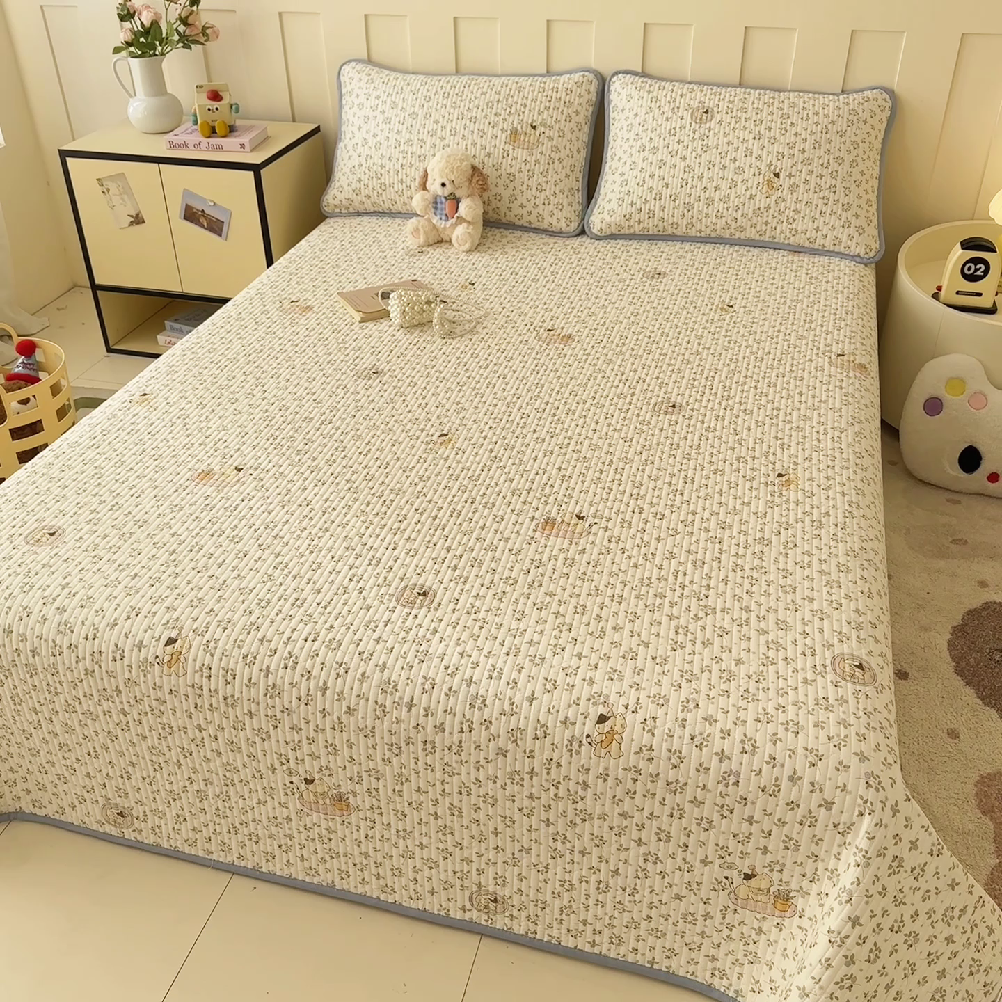 91家纺网 家纺一手货源 找家纺 2026新款13070单面全棉绗缝床盖三件套 莓果喵喵