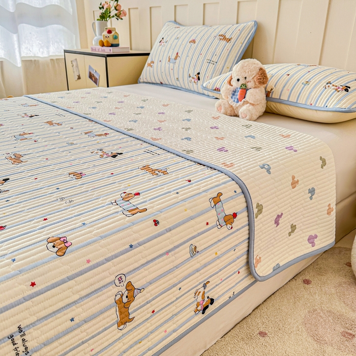 91家纺网 家纺一手货源 找家纺 2026新款13070单面全棉绗缝床盖三件套 糖纸童年