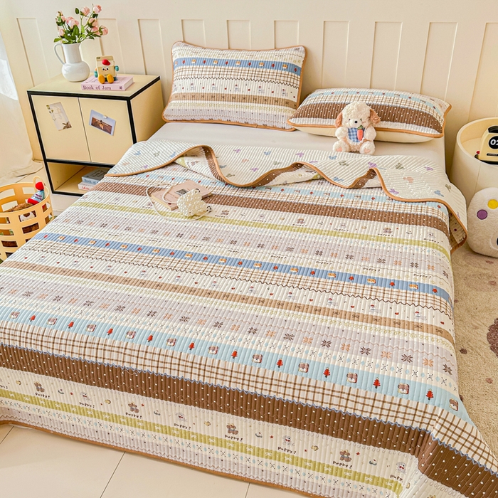 91家纺网 家纺一手货源 找家纺 2026新款13070单面全棉绗缝床盖三件套 童年小事