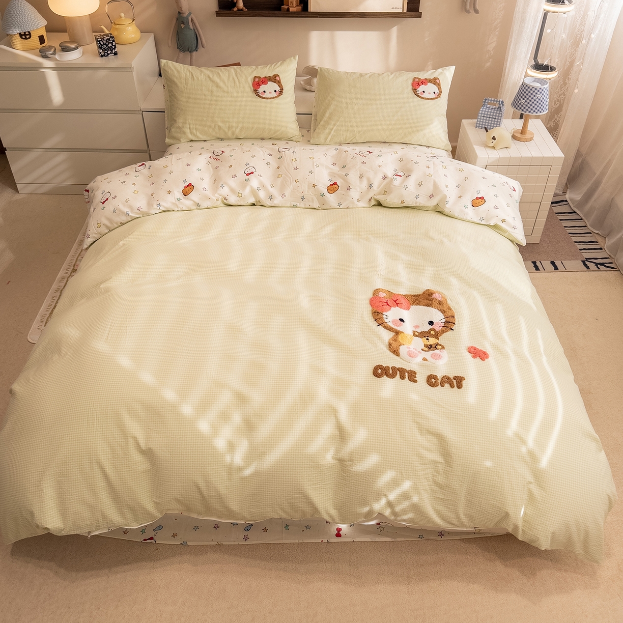 91家纺网 家纺一手货源 找家纺 （总）雅居纺家纺 2026新款全棉色织水洗棉毛巾绣猫咪四件套