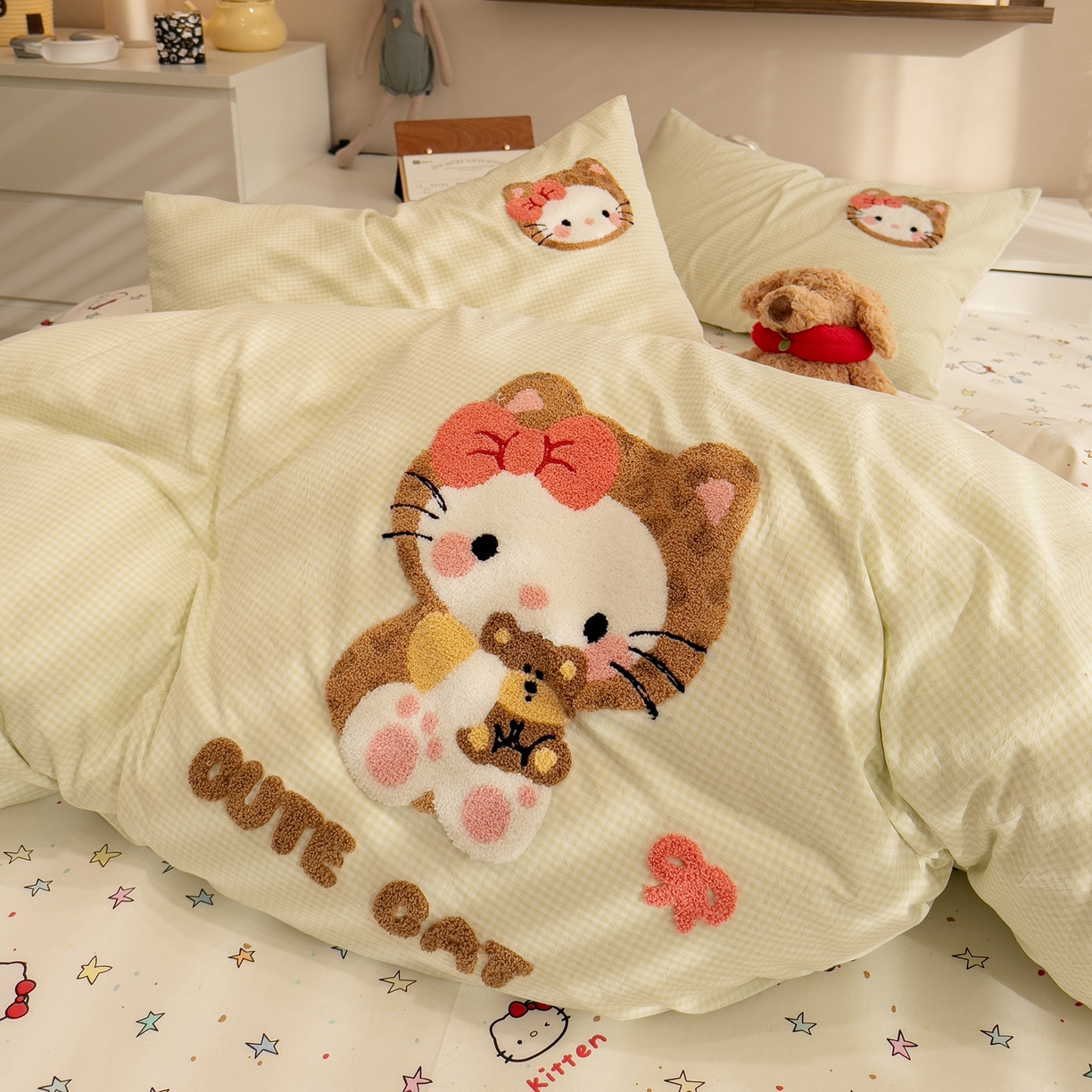 91家纺网 家纺一手货源 找家纺 （总）雅居纺家纺 2026新款全棉色织水洗棉毛巾绣猫咪四件套