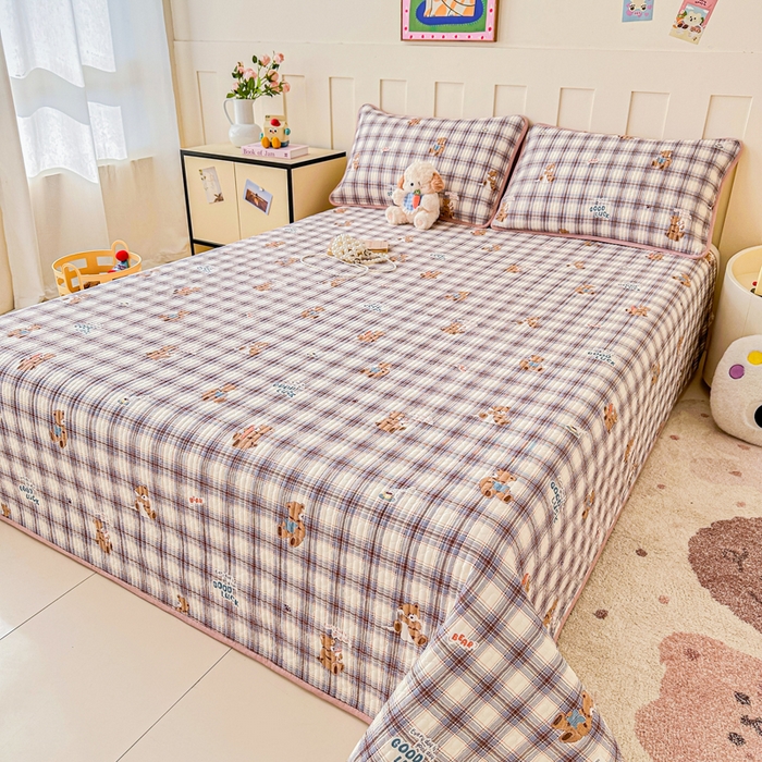 91家纺网 家纺一手货源 找家纺 2026新款13070单面全棉绗缝床盖三件套 星点漫语-咖