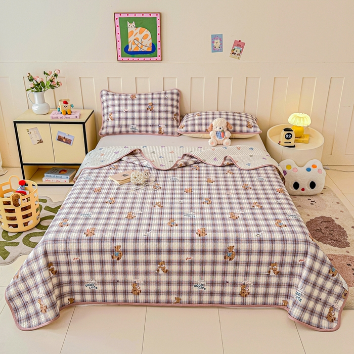 91家纺网 家纺一手货源 找家纺 2026新款13070单面全棉绗缝床盖三件套 星点漫语-咖