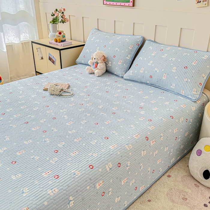 91家纺网 家纺一手货源 找家纺 2026新款13070单面全棉绗缝床盖三件套 星愿汪汪-蓝