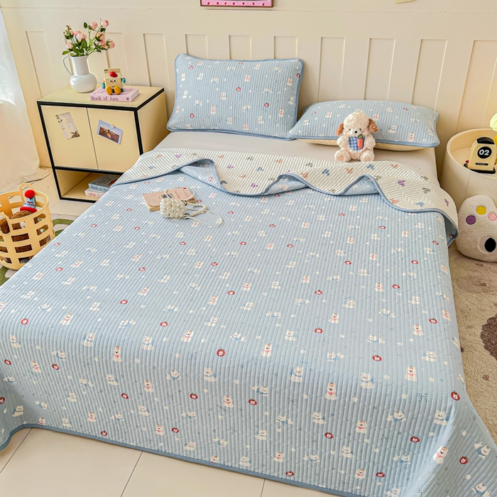 91家纺网 家纺一手货源 找家纺 2026新款13070单面全棉绗缝床盖三件套 星愿汪汪-蓝