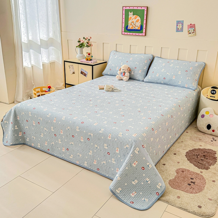 91家纺网 家纺一手货源 找家纺 2026新款13070单面全棉绗缝床盖三件套 星愿汪汪-蓝