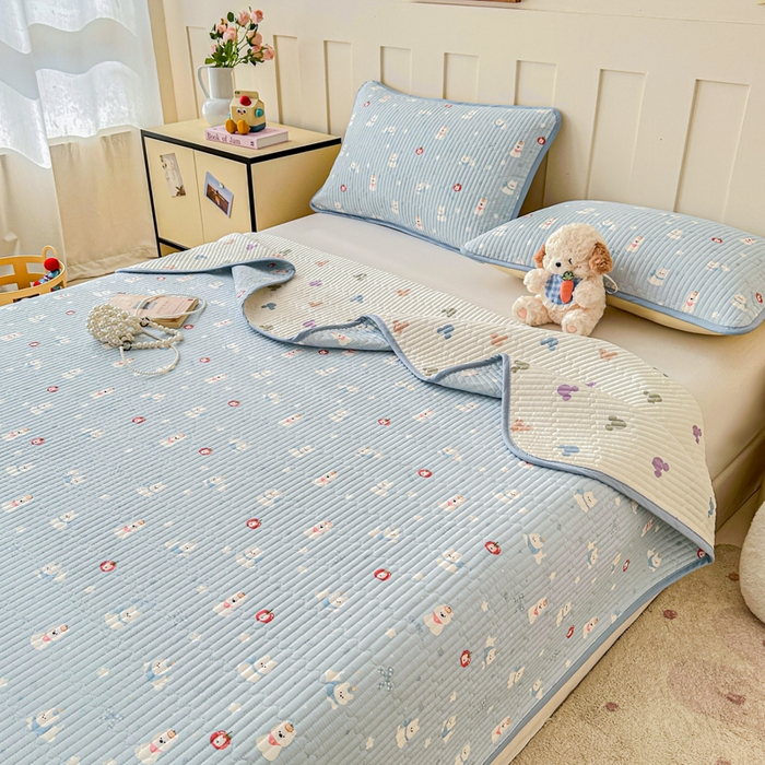 91家纺网 家纺一手货源 找家纺 2026新款13070单面全棉绗缝床盖三件套 星愿汪汪-蓝