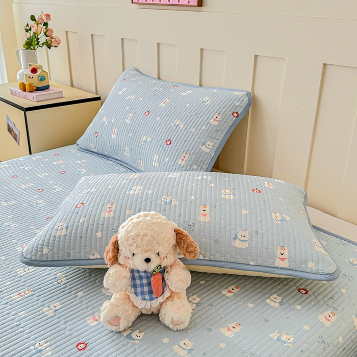 91家纺网 家纺一手货源 找家纺 2026新款13070单面全棉绗缝床盖三件套 星愿汪汪-蓝