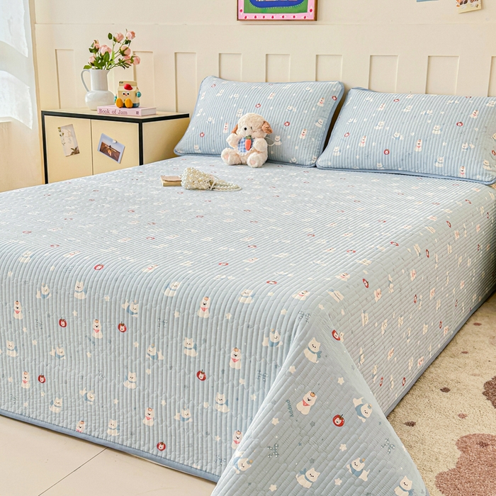 91家纺网 家纺一手货源 找家纺 2026新款13070单面全棉绗缝床盖三件套 星愿汪汪-蓝