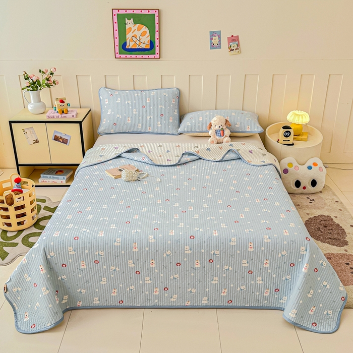 91家纺网 家纺一手货源 找家纺 2026新款13070单面全棉绗缝床盖三件套 星愿汪汪-蓝