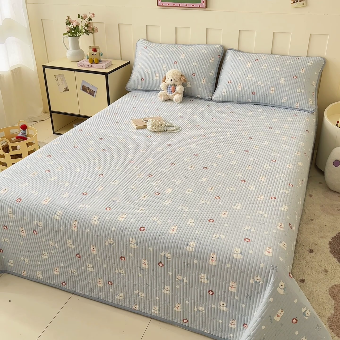 91家纺网 家纺一手货源 找家纺 2026新款13070单面全棉绗缝床盖三件套 星愿汪汪-蓝