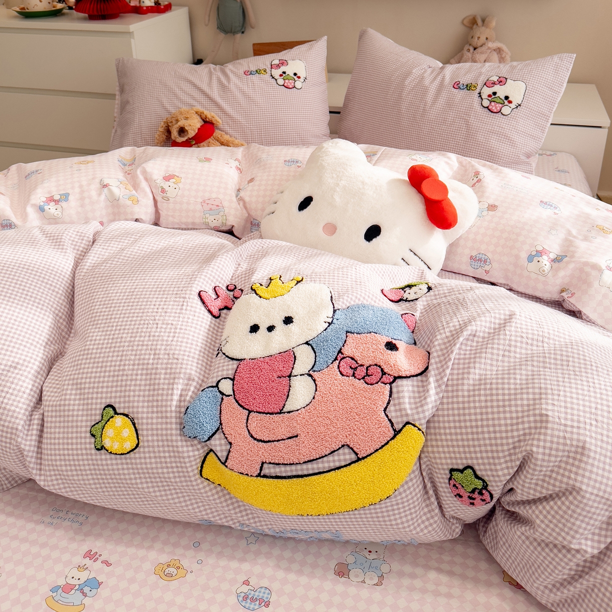 雅居纺家纺 2026新款全棉色织水洗棉毛巾绣猫咪四件套 木马猫咪