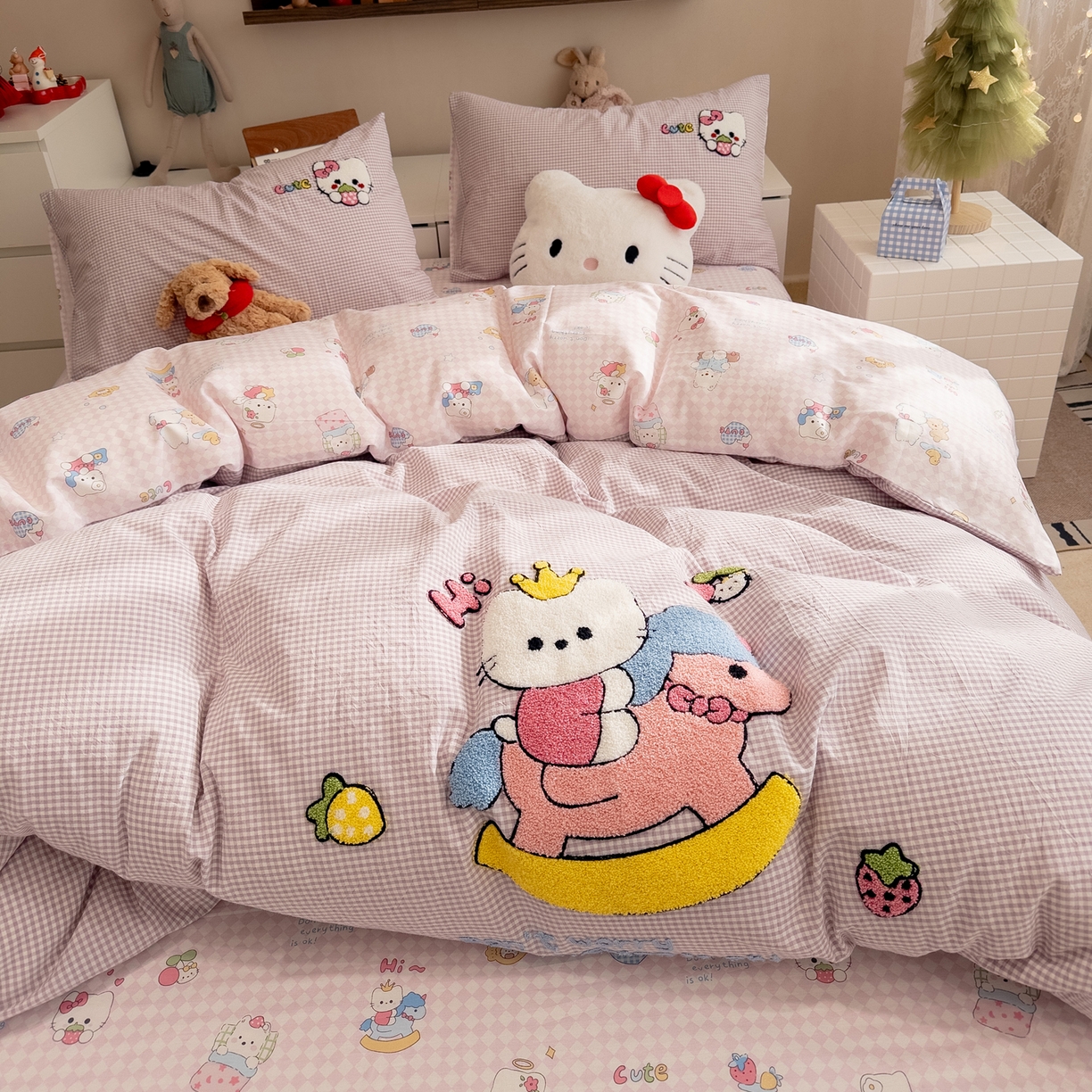 91家纺网 家纺一手货源 找家纺 雅居纺家纺 2026新款全棉色织水洗棉毛巾绣猫咪四件套 木马猫咪