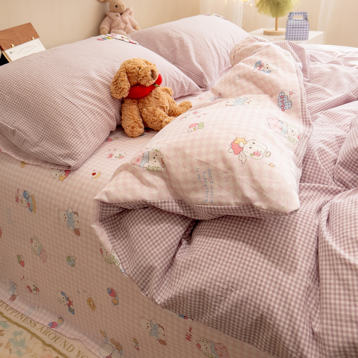 91家纺网 家纺一手货源 找家纺 雅居纺家纺 2026新款全棉色织水洗棉毛巾绣猫咪四件套 木马猫咪