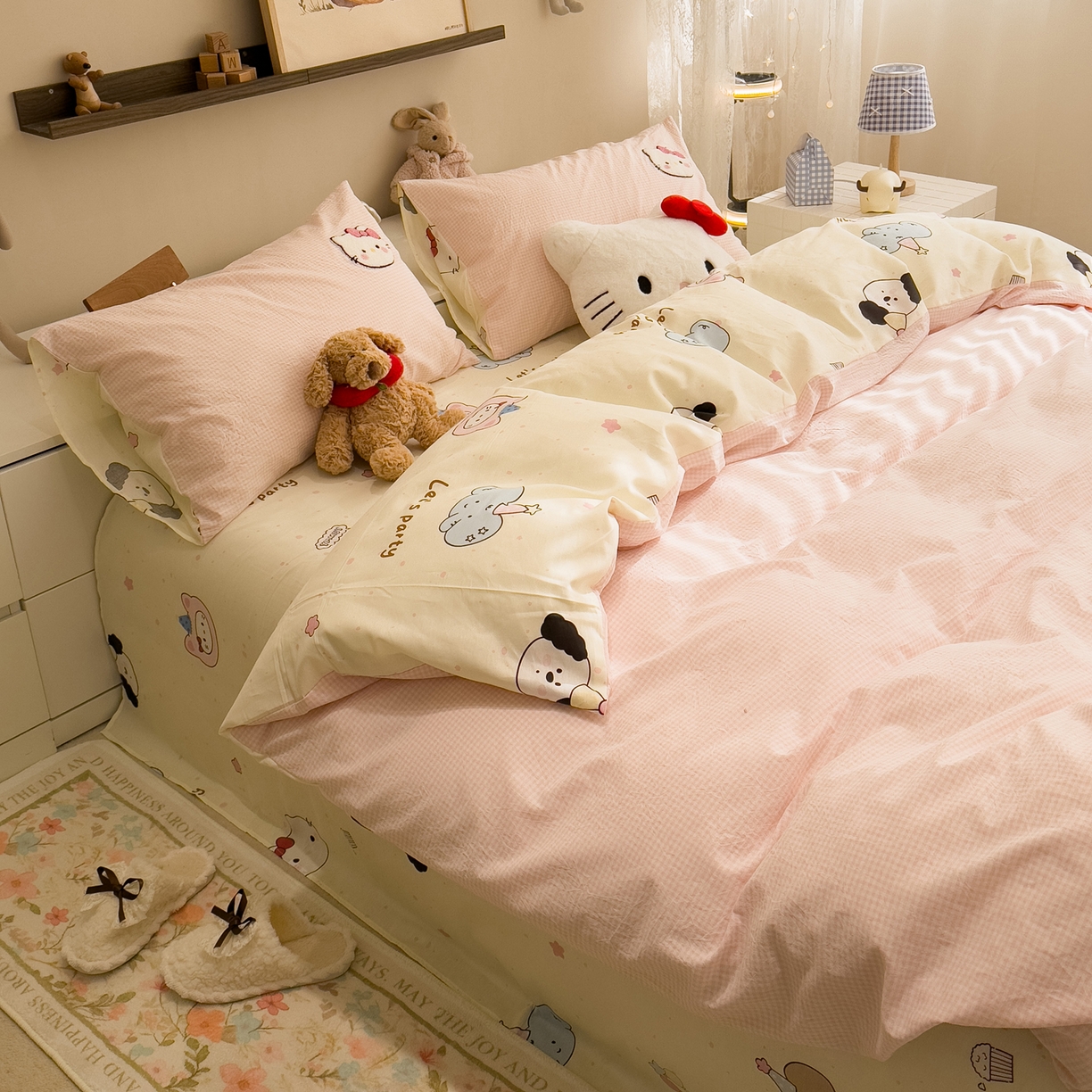 91家纺网 家纺一手货源 找家纺 雅居纺家纺 2026新款全棉色织水洗棉毛巾绣猫咪四件套 派对小猫