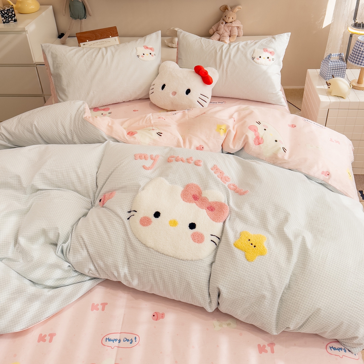 雅居纺家纺 2026新款全棉色织水洗棉毛巾绣猫咪四件套 星星猫咪