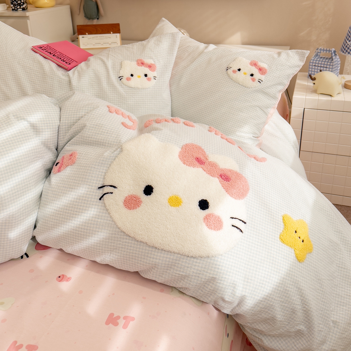 91家纺网 家纺一手货源 找家纺 雅居纺家纺 2026新款全棉色织水洗棉毛巾绣猫咪四件套 星星猫咪