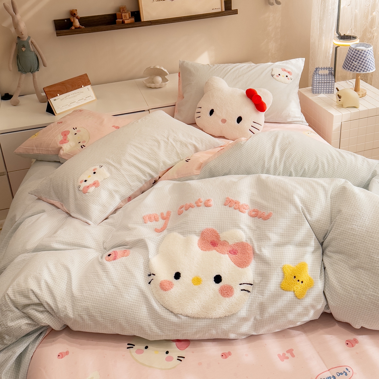 91家纺网 家纺一手货源 找家纺 雅居纺家纺 2026新款全棉色织水洗棉毛巾绣猫咪四件套 星星猫咪