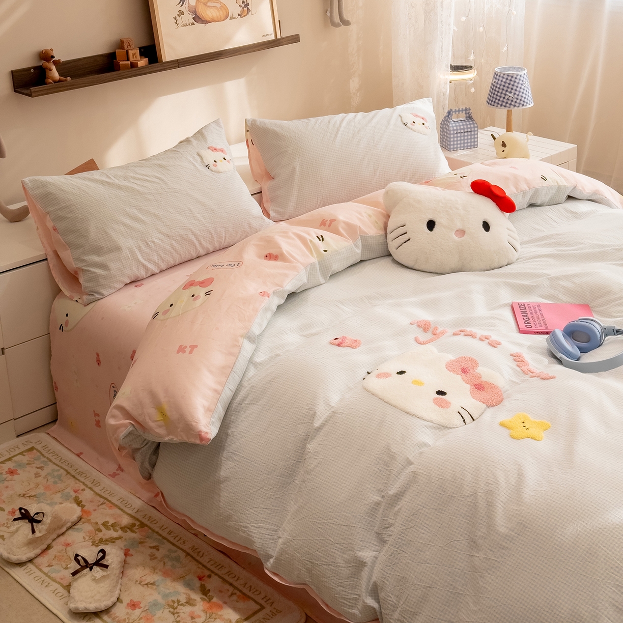 91家纺网 家纺一手货源 找家纺 雅居纺家纺 2026新款全棉色织水洗棉毛巾绣猫咪四件套 星星猫咪