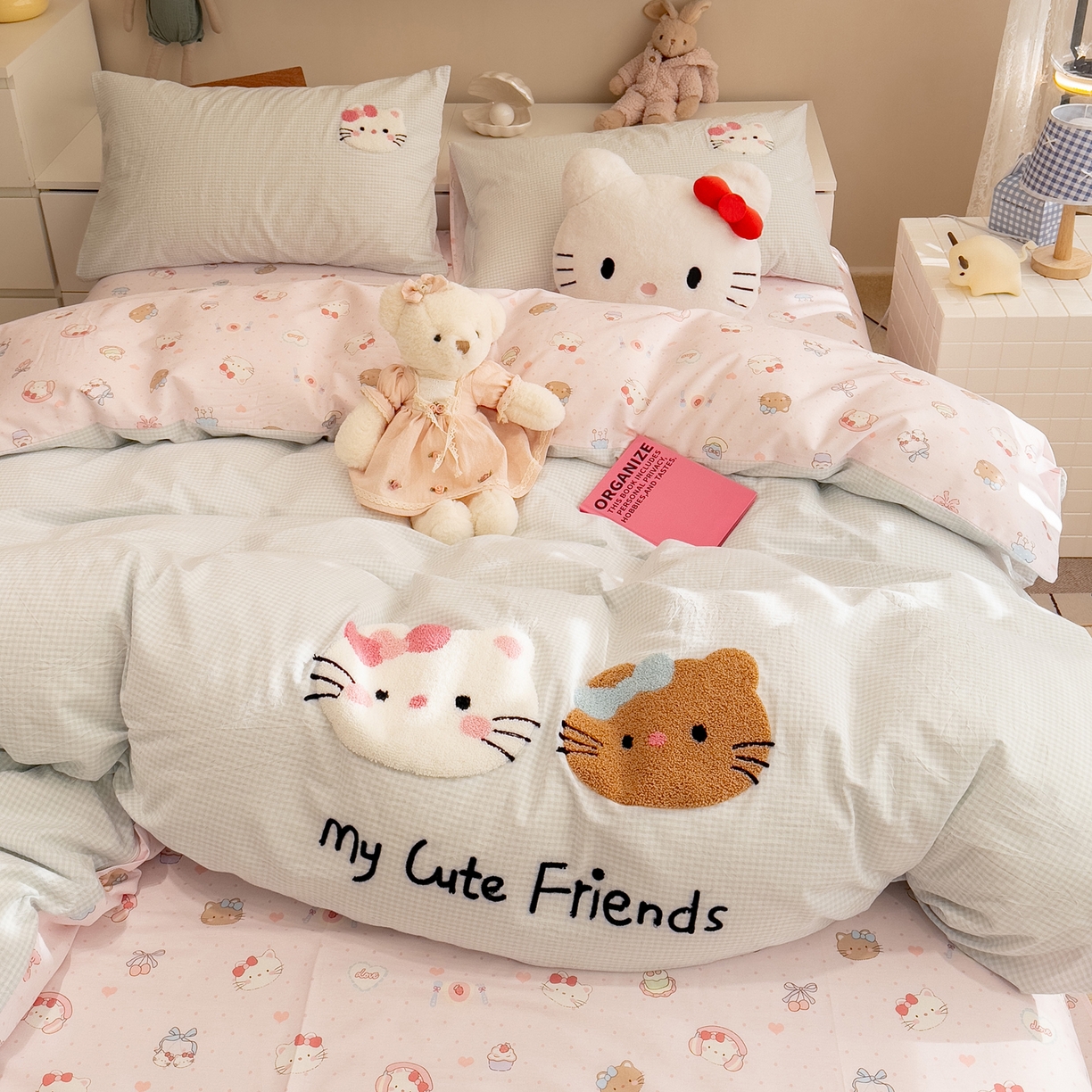 雅居纺家纺 2026新款全棉色织水洗棉毛巾绣猫咪四件套 幸福猫咪