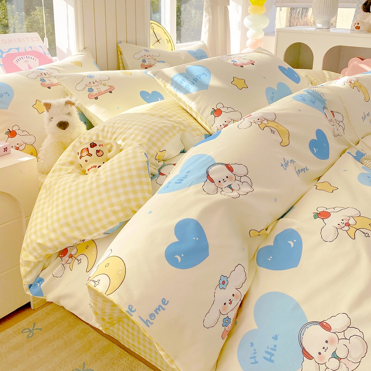 91家纺网 家纺一手货源 找家纺 小懒猪 2026新款全棉印花卡通系列四件套 童梦汪旅