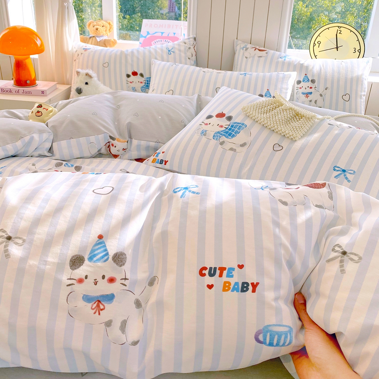 91家纺网 家纺一手货源 找家纺 小懒猪 2026新款全棉印花卡通系列四件套 蓝调喵趣