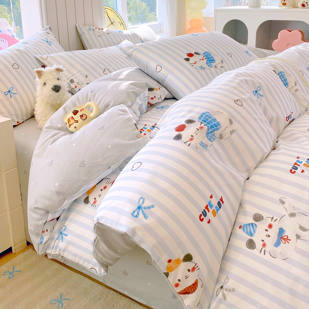 91家纺网 家纺一手货源 找家纺 小懒猪 2026新款全棉印花卡通系列四件套 蓝调喵趣