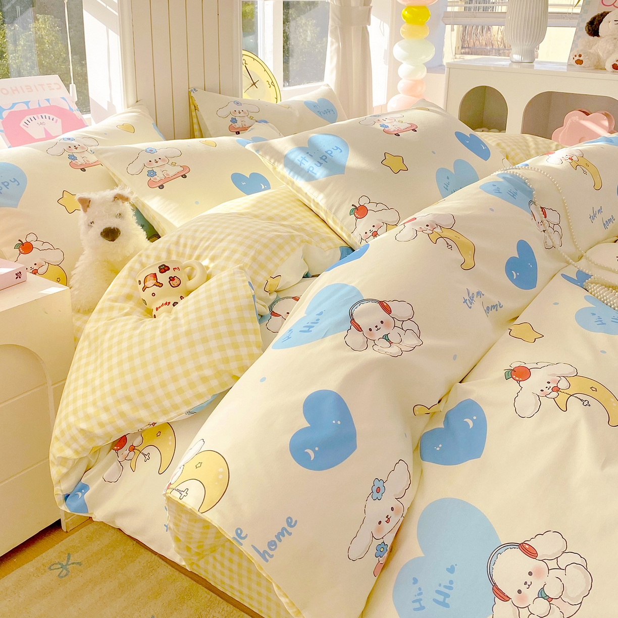 91家纺网 家纺一手货源 找家纺 小懒猪 2026新款全棉印花卡通系列四件套 童梦汪旅