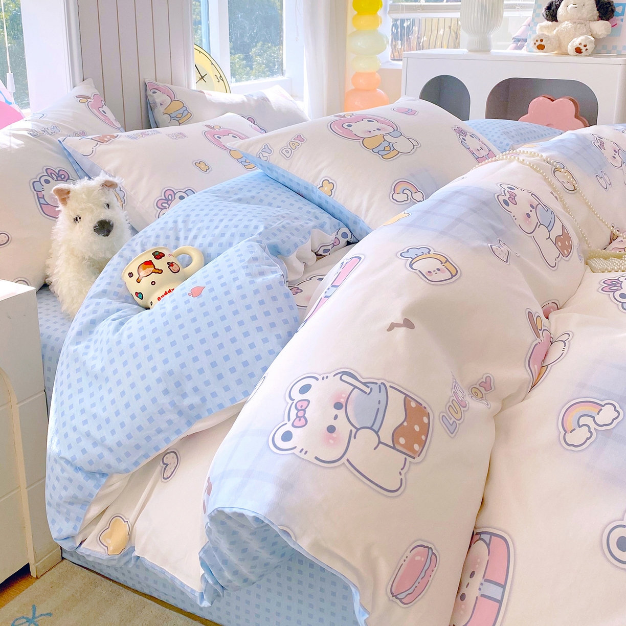 91家纺网 家纺一手货源 找家纺 小懒猪 2026新款全棉印花卡通系列四件套 元气熊仔